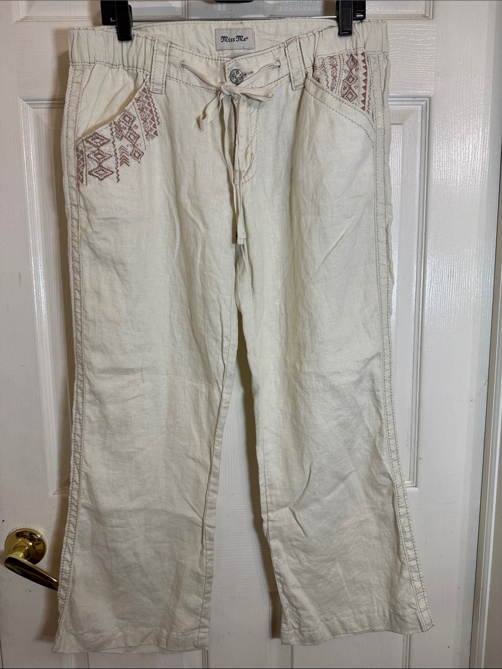 Miss Me Cream Linen Desert Drive  Drawstring Pants with Embroidered Pockets Sz L